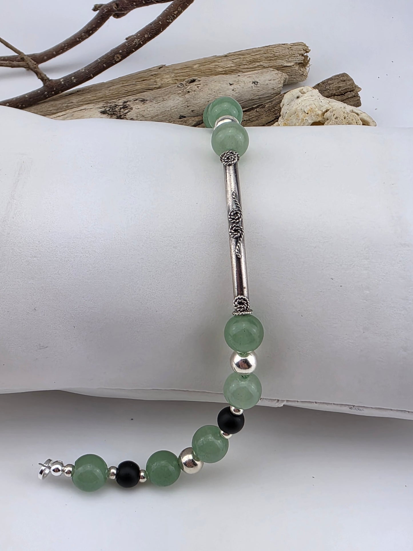 Aventurine & Matte Onyx Silver Bar Bracelet
