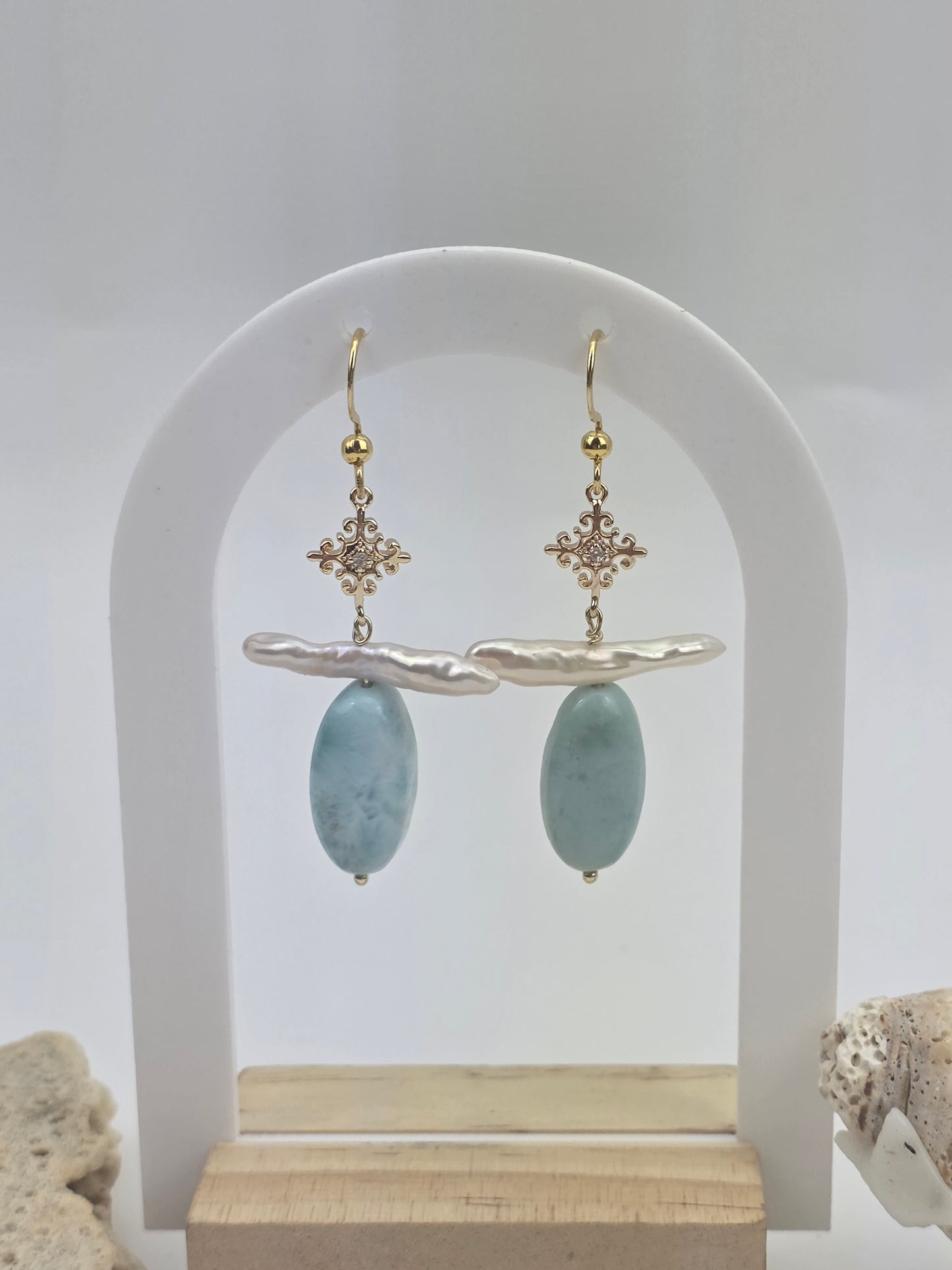 Golden Sea Goddess Larimar & Biwa Pearl Dangles