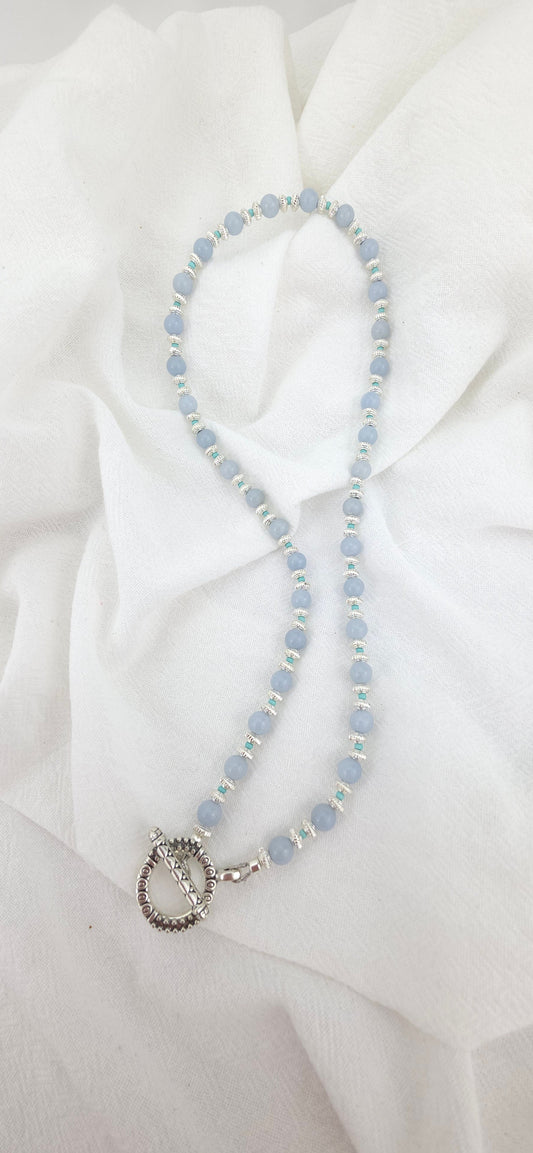 Soft blue Chalcedony,Tibetan Silver, Turquoise seed beads