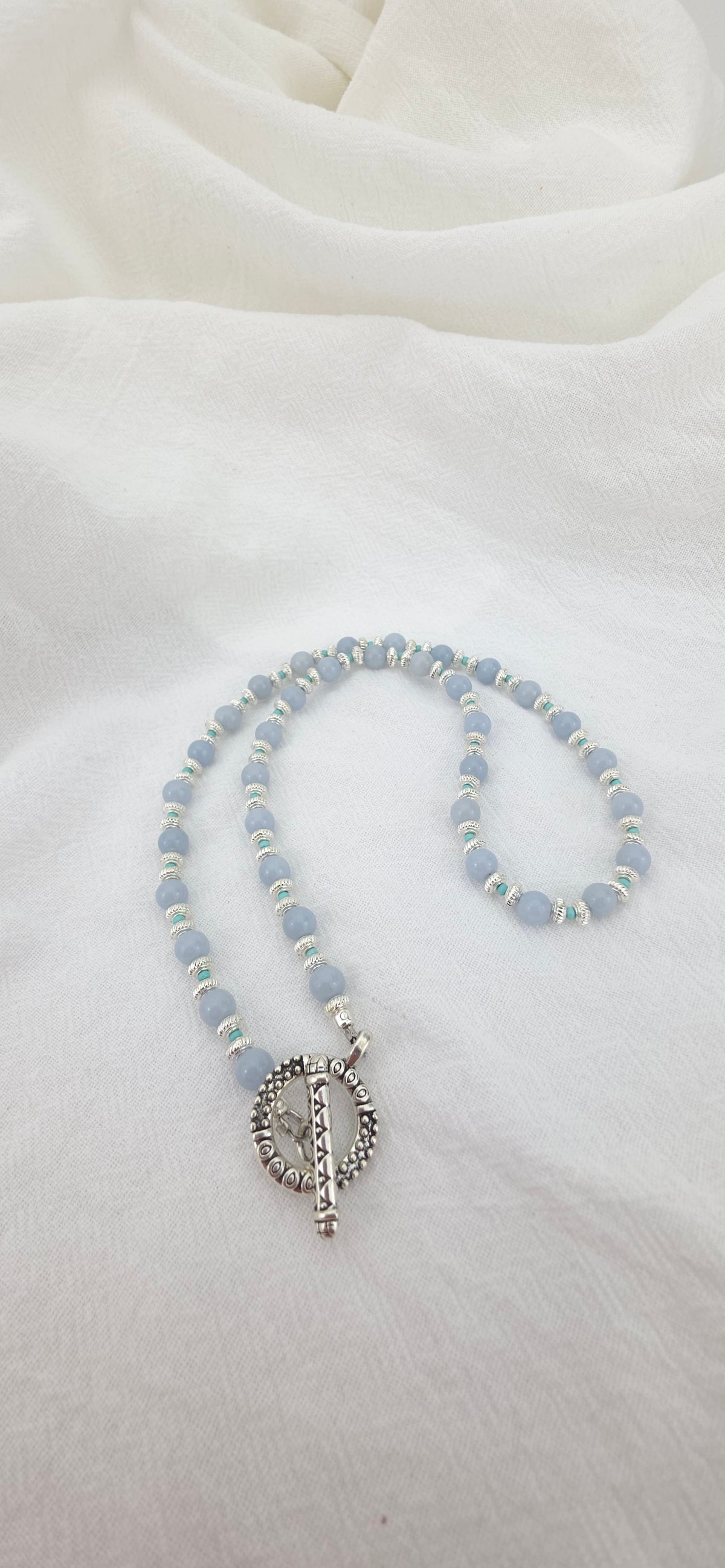 Soft blue Chalcedony,Tibetan Silver, Turquoise seed beads