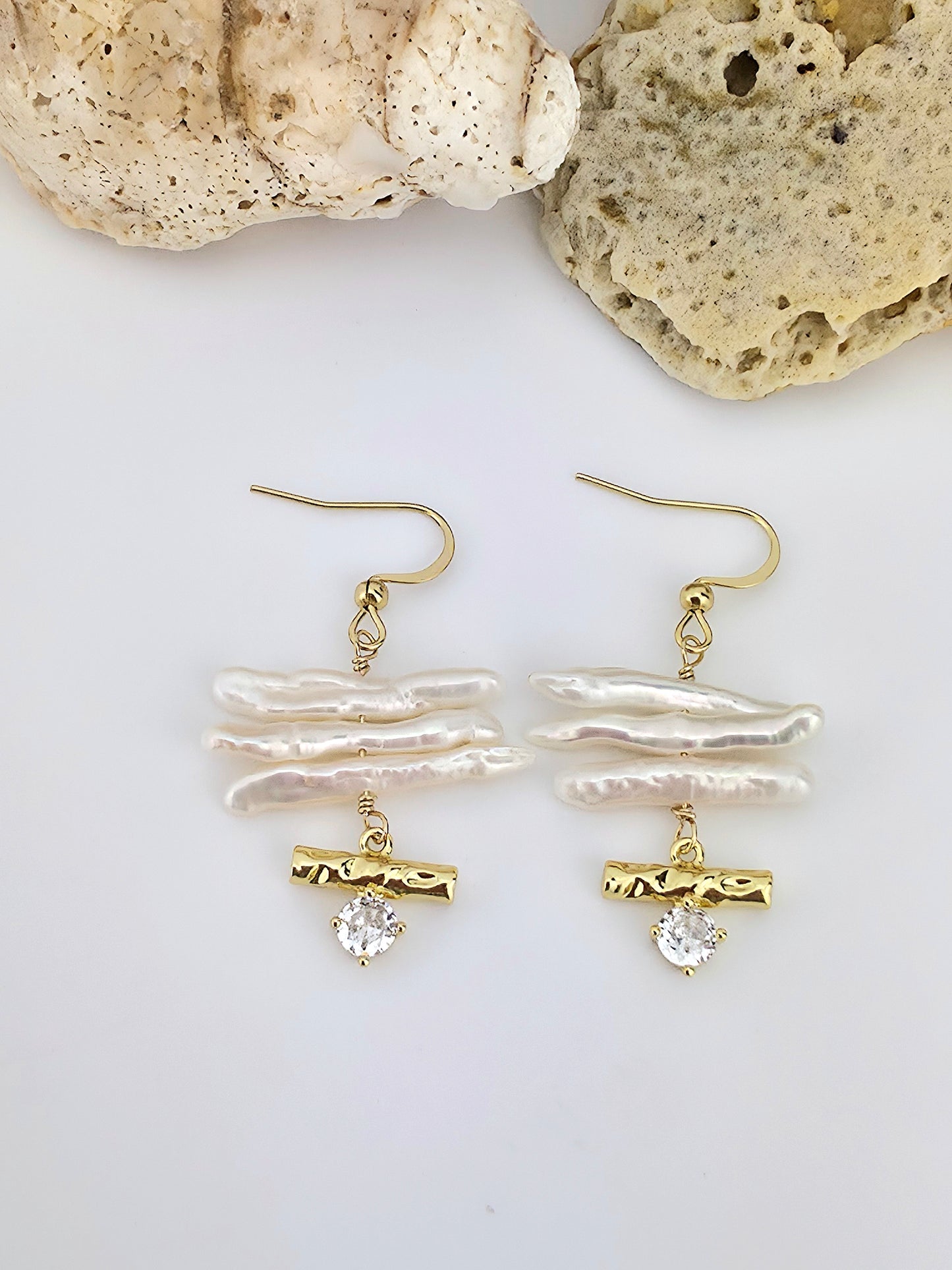 Biwa stick pears/ gold bar zirconia
