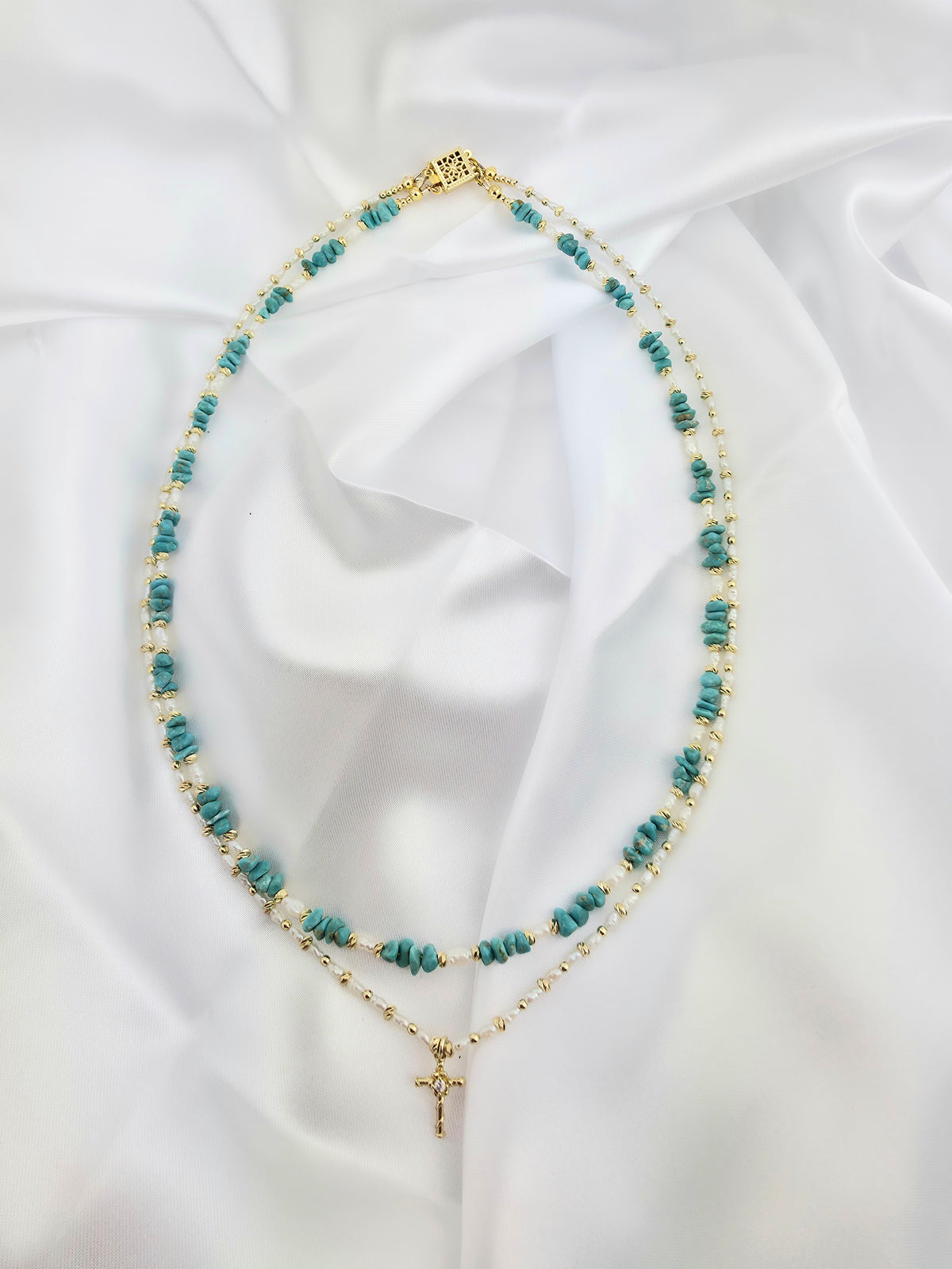 Double necklace/Turquoise&Pearl