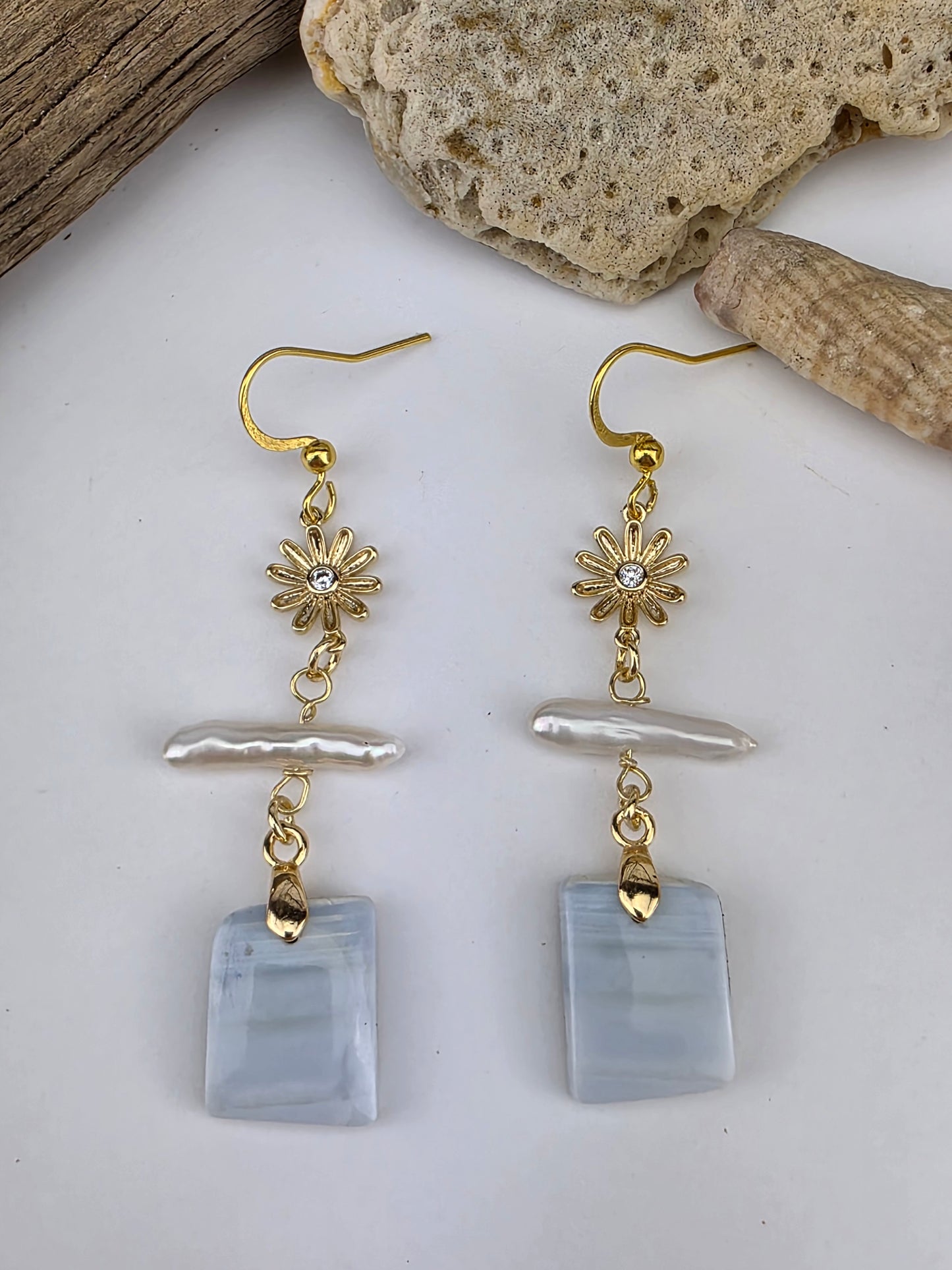 Blue Lace Agate & Stick Pearl "Flora" Dangles