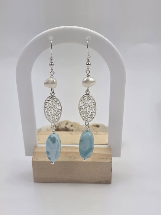 Ethereal Larimar & Baroque Pearl Filigree Dangles