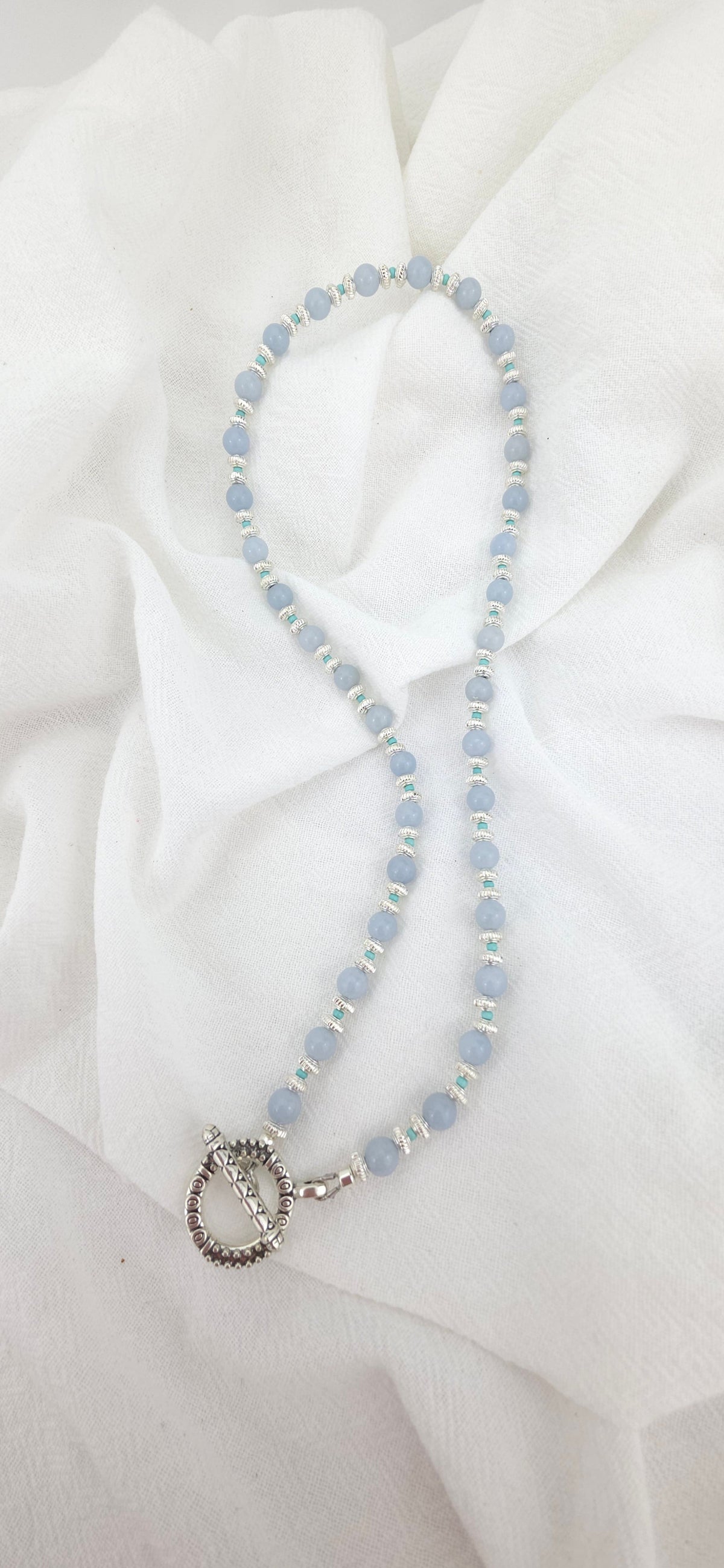 Soft blue Chalcedony,Tibetan Silver, Turquoise seed beads