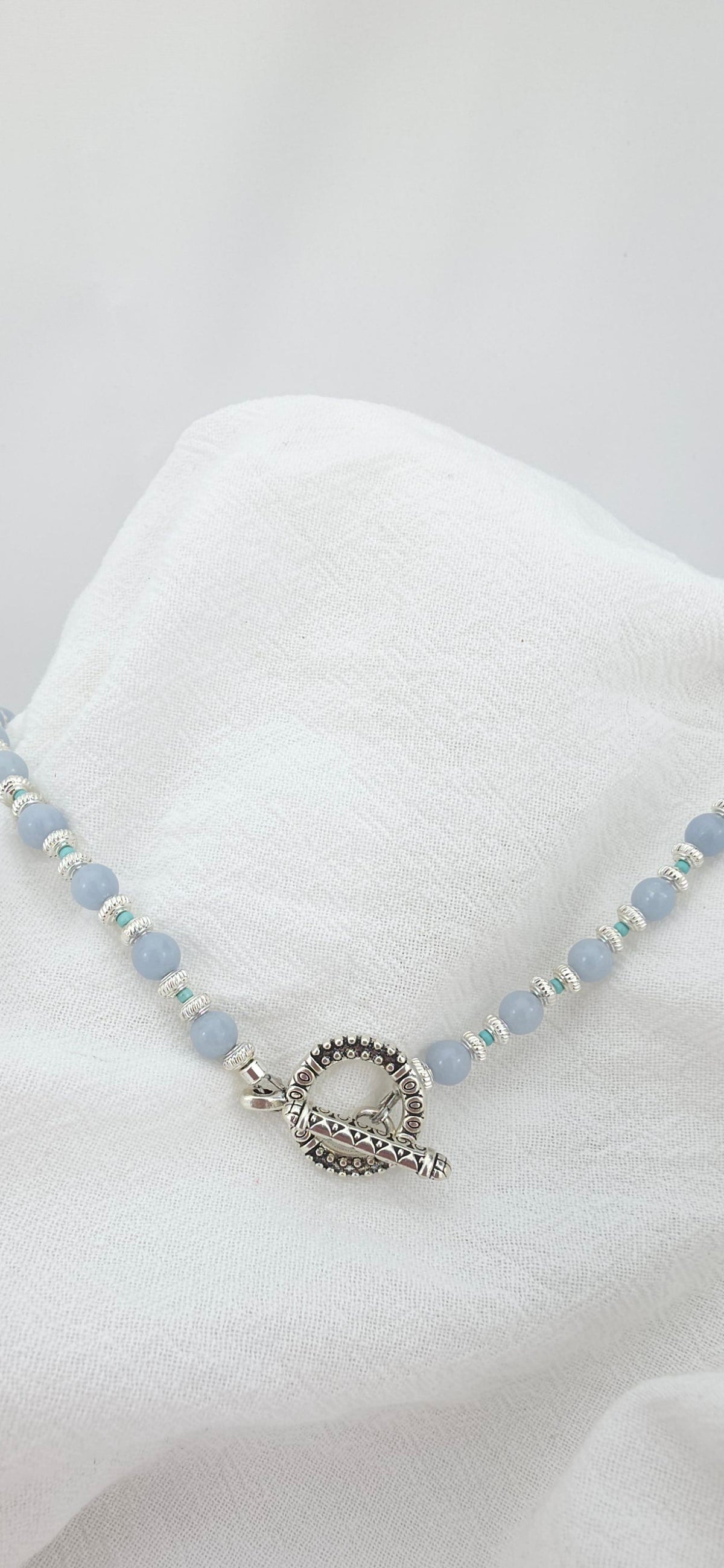 Soft blue Chalcedony,Tibetan Silver, Turquoise seed beads