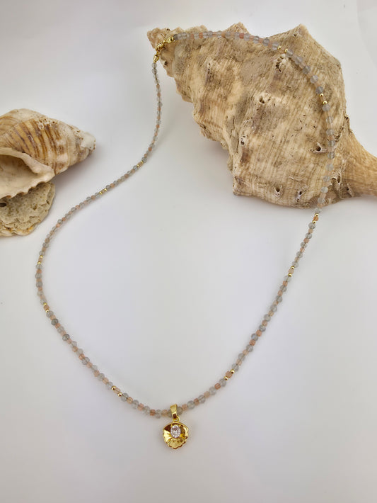 Labradorite/orange moonstone.