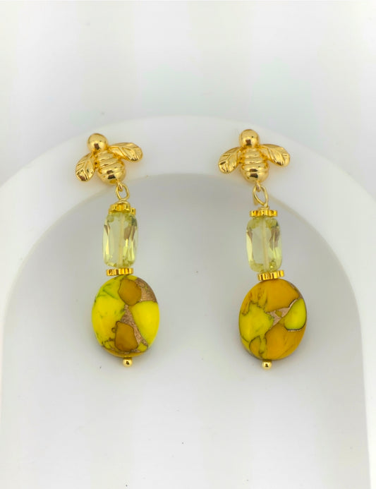 Yellow Turquoise & Lemon Quartz/Bee stud