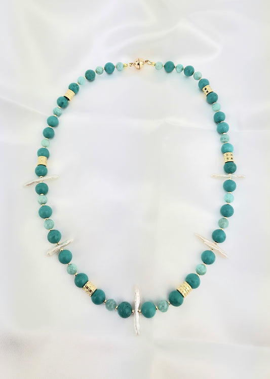 Turquoise/Brazilian Amazonite/Biwa Pearl.