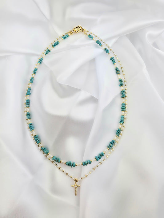 Double necklace/Turquoise&Pearl