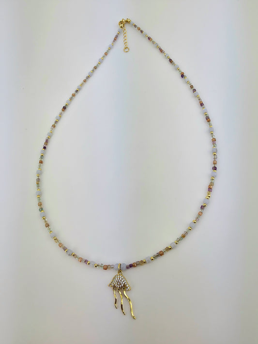 ZC Jelly fish pendant/ delicate fluorite/blue lace agate
